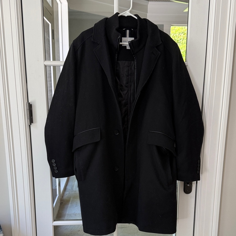 Cole Haan Black Men's Pea Coat with Button Front and zippered inner layer